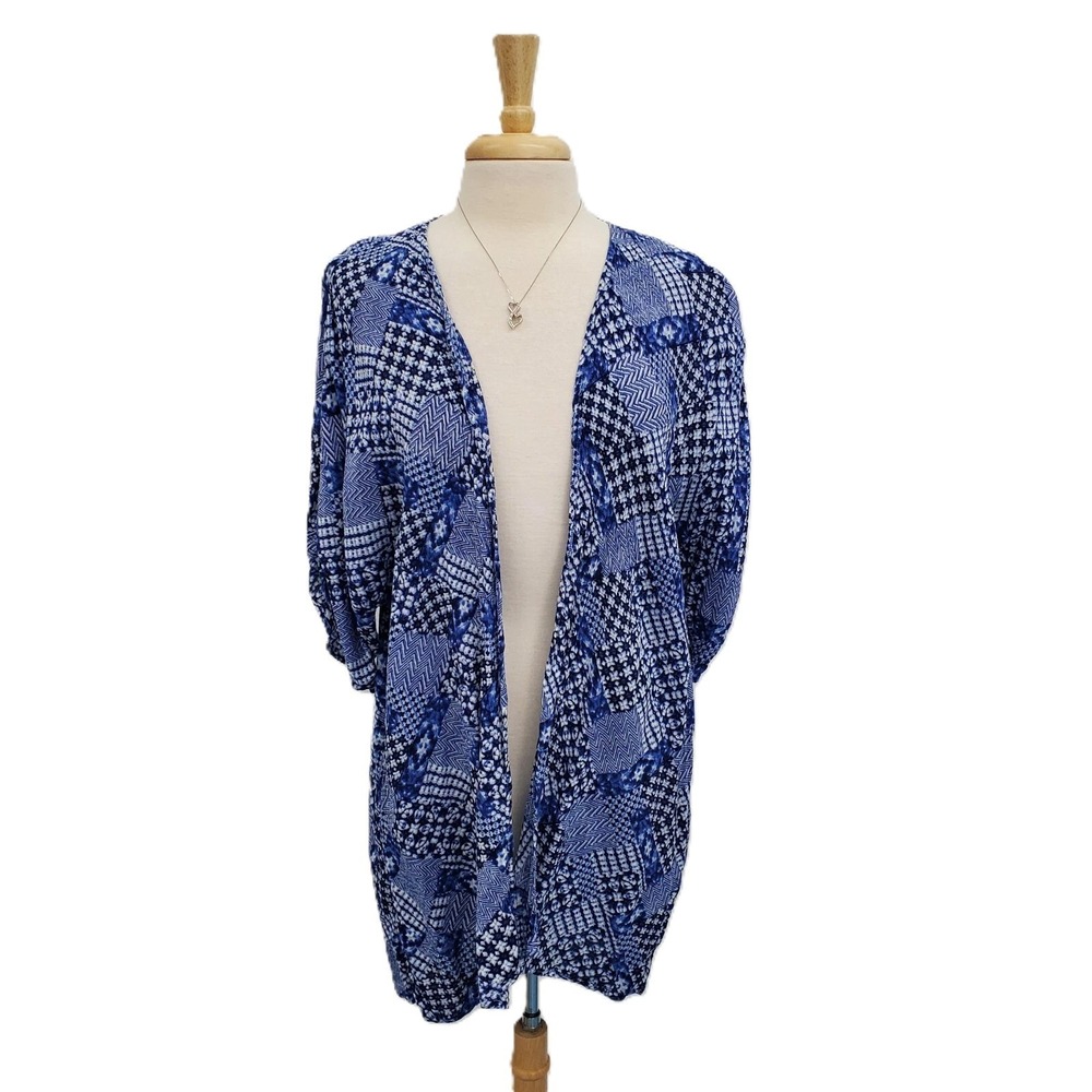 Blue White Geometric Open Front Kimono Cardigan Womens 1X 3/4 Sleeve‎ Rayon